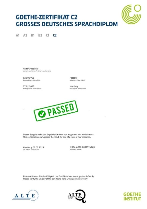 Goethe Zertifikat C2 German language certificate official proof of advanced German proficiency