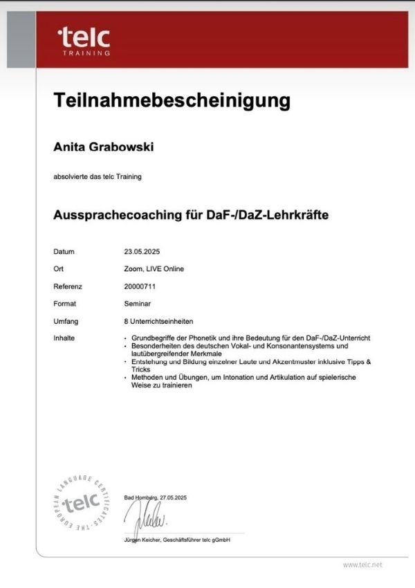 Telc language coach certificate for German language training