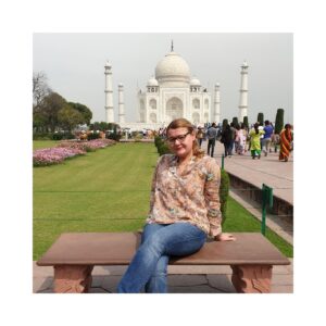 Anita Grabowski in front of the Taj Mahal in Agra India