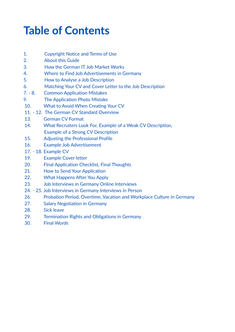 German job application guide table of contents for Indian IT professionals Germany CV ATS