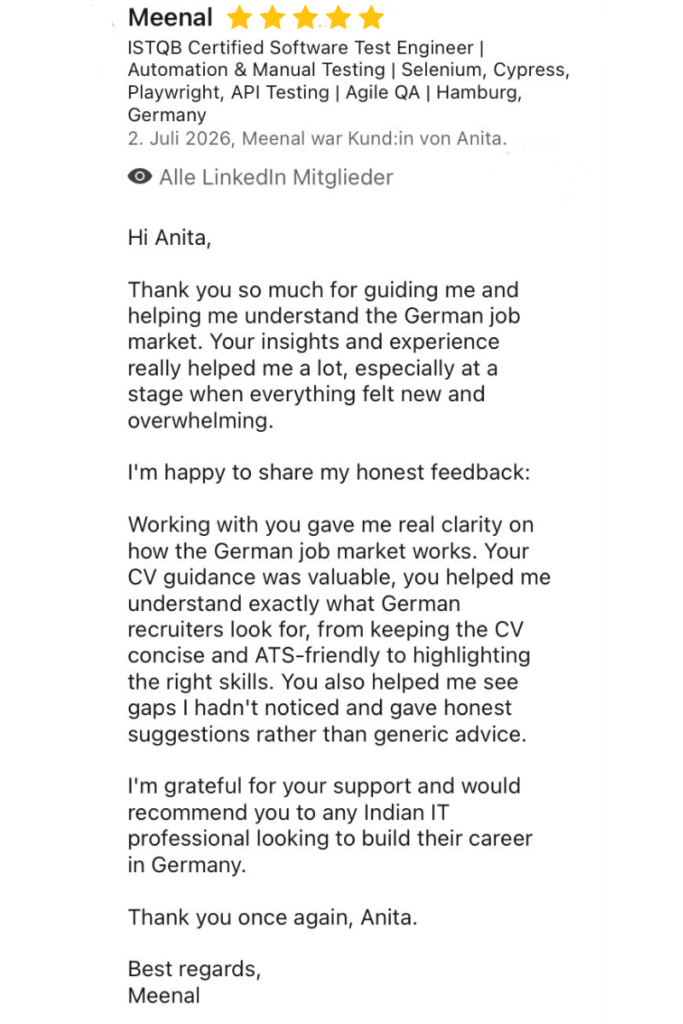Linkedin recommendation from Meenal about Germandia CV optimization and the German hiring process.